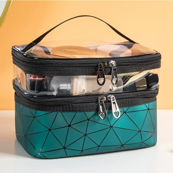 Double-Layer Grid Cosmetic Bag - Large Capacity, Portable Travel Organizer for Skincare and Toiletries