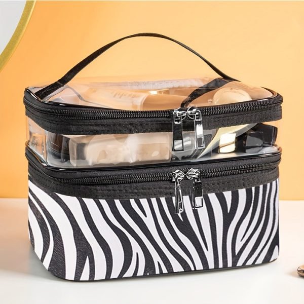 Double-Layer Grid Cosmetic Bag - Large Capacity, Portable Travel Organizer for Skincare and Toiletries