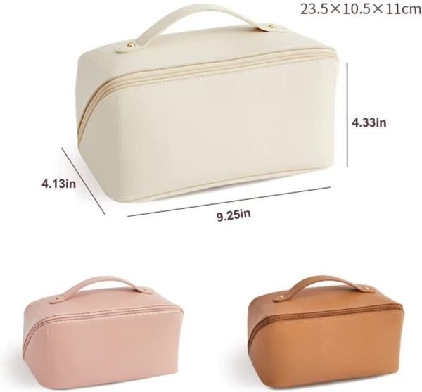 Large-Capacity Travel Leather Makeup Bag Cosmetic Bag Waterproof Portable Makeup Case Organizer Toiletry Bag Makeup Box for Skincare Cosmetics Toiletries with Handle and Divider White