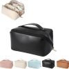 Large-Capacity Travel Leather Makeup Bag Cosmetic Bag Waterproof Portable Makeup Case Organizer Toiletry Bag Makeup Box for Skincare Cosmetics Toiletries with Handle and Divider White