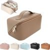 Large-Capacity Travel Leather Makeup Bag Cosmetic Bag Waterproof Portable Makeup Case Organizer Toiletry Bag Makeup Box for Skincare Cosmetics Toiletries with Handle and Divider White