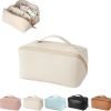 Large-Capacity Travel Leather Makeup Bag Cosmetic Bag Waterproof Portable Makeup Case Organizer Toiletry Bag Makeup Box for Skincare Cosmetics Toiletries with Handle and Divider White