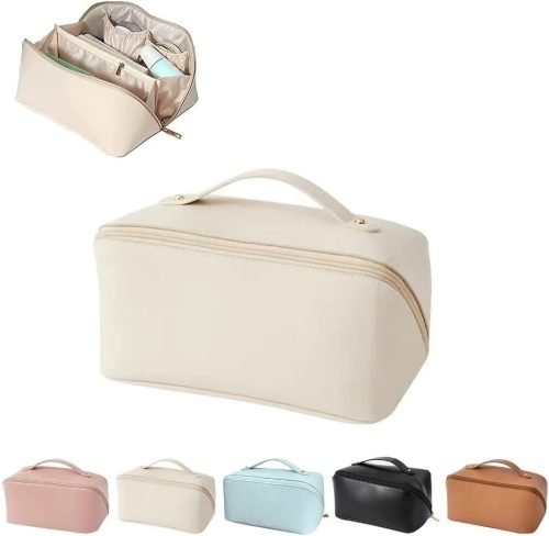 Large-Capacity Travel Leather Makeup Bag Cosmetic Bag Waterproof Portable Makeup Case Organizer Toiletry Bag Makeup Box for Skincare Cosmetics Toiletries with Handle and Divider White