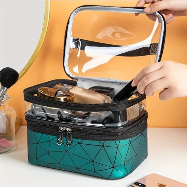 Double-Layer Grid Cosmetic Bag - Large Capacity, Portable Travel Organizer for Skincare and Toiletries