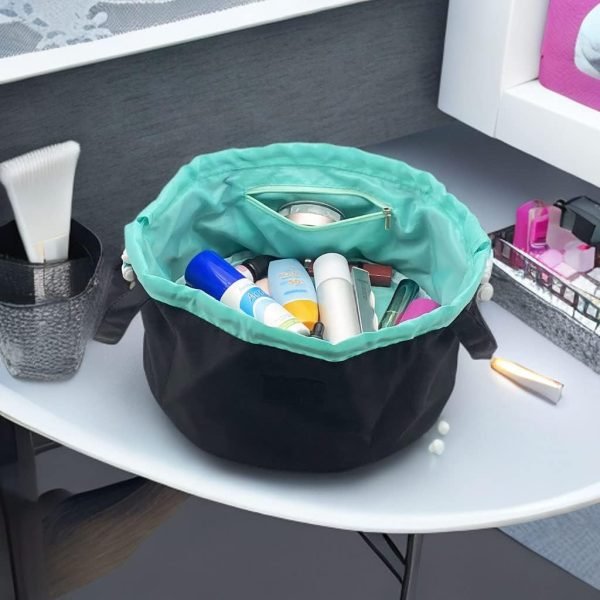 Large Barrel Drawstring Makeup Bag Travel Cosmetic Bag for Women - Portable Make Up Organizer Bag for Skin Care & Toiletries with Brush Holder & Pouch (Black)