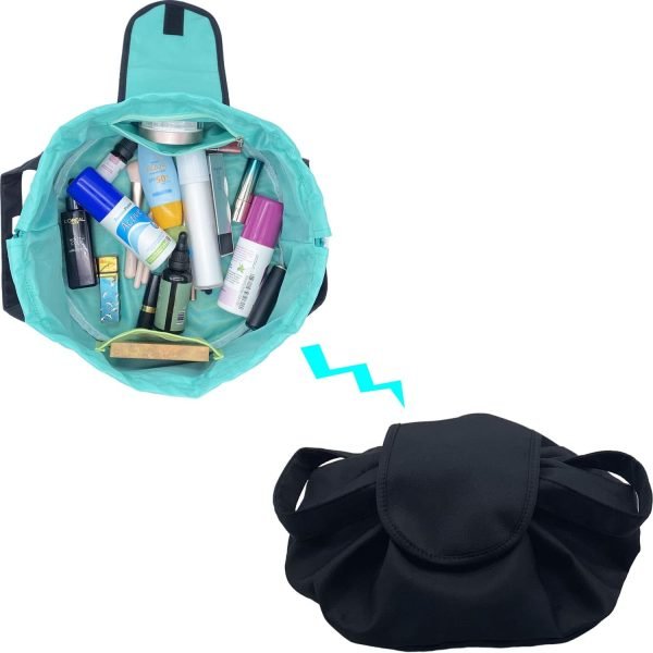 Large Barrel Drawstring Makeup Bag Travel Cosmetic Bag for Women - Portable Make Up Organizer Bag for Skin Care & Toiletries with Brush Holder & Pouch (Black)