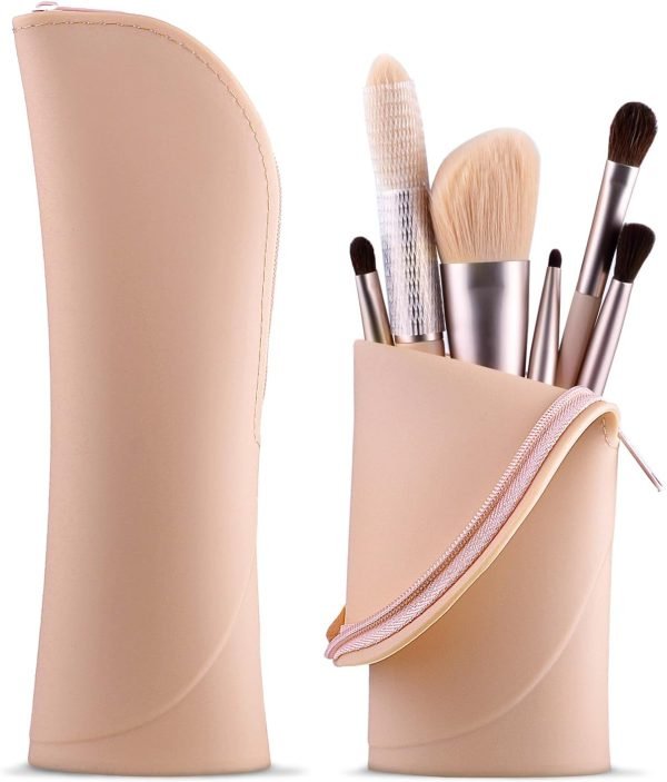 Makeup Brush Holder Silicone Makeup Brush Organizer Travel Makeup Brush Bag Make up Brush Case Small Cute Cosmetic Bag Mini Makeup Pouch Holds up to 10 Makeup Brushes