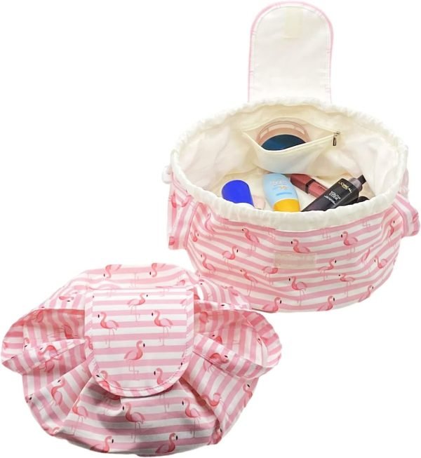 Large Barrel Drawstring Makeup Bag Travel Cosmetic Bag for Women - Portable Make Up Organizer Bag for Skin Care & Toiletries with Brush Holder & Pouch (Black)