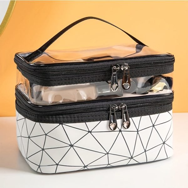Double-Layer Grid Cosmetic Bag - Large Capacity, Portable Travel Organizer for Skincare and Toiletries