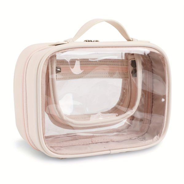 Transparent Double-Layer Large Capacity Makeup Bag - Portable, Minimalist Design, Waterproof Travel Cosmetic Storage Bag