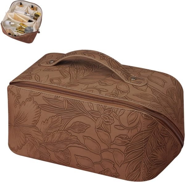 Makeup Bag Large Capacity Travel Cosmetic Bag with Compartment Waterproof PU Leather Makeup Bag Portable Flower Makeup Bag for Women and Girl Travel Khaki Makeup Organizer Bag