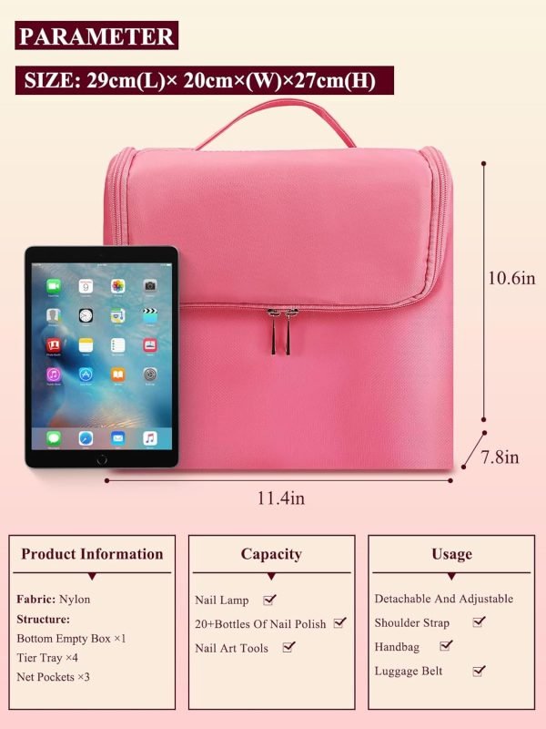 Makeup Travel Train Case, Large Pink Makeup Nail Polish Organizer Bag, 4 Tier Professional Makeup Bag Storage Box Cosmetic Train Case with Straps Pockets for Nail Tools Jewelry MakeUp Brushes