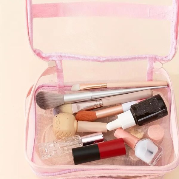Double Layer Travel Makeup Bag Mesh Bag for Women,Travel Essentials Toiletry Bag Makeup Organizer Large Capacity Zipper Cosmetic Bag Vacation Essentials for Women-Pink