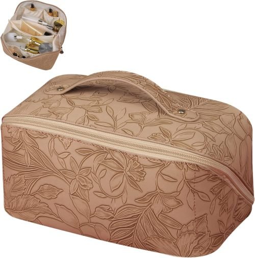 Makeup Bag Large Capacity Travel Cosmetic Bag with Compartment Waterproof PU Leather Makeup Bag Portable Flower Makeup Bag for Women and Girl Travel Khaki Makeup Organizer Bag