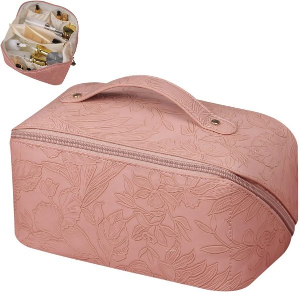 Makeup Bag Large Capacity Travel Cosmetic Bag with Compartment Waterproof PU Leather Makeup Bag Portable Flower Makeup Bag for Women and Girl Travel Khaki Makeup Organizer Bag