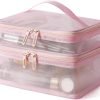 Double Layer Travel Makeup Bag Mesh Bag for Women,Travel Essentials Toiletry Bag Makeup Organizer Large Capacity Zipper Cosmetic Bag Vacation Essentials for Women-Pink