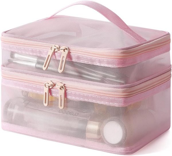 Double Layer Travel Makeup Bag Mesh Bag for Women,Travel Essentials Toiletry Bag Makeup Organizer Large Capacity Zipper Cosmetic Bag Vacation Essentials for Women-Pink