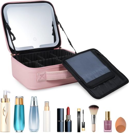 Makeup Bag with Mirror and Light Travel Makeup Train Case Cosmetic Organizer Portable Artist Storage Bag with Adjustable Dividers Makeup Brushes Storage Organizer Pink