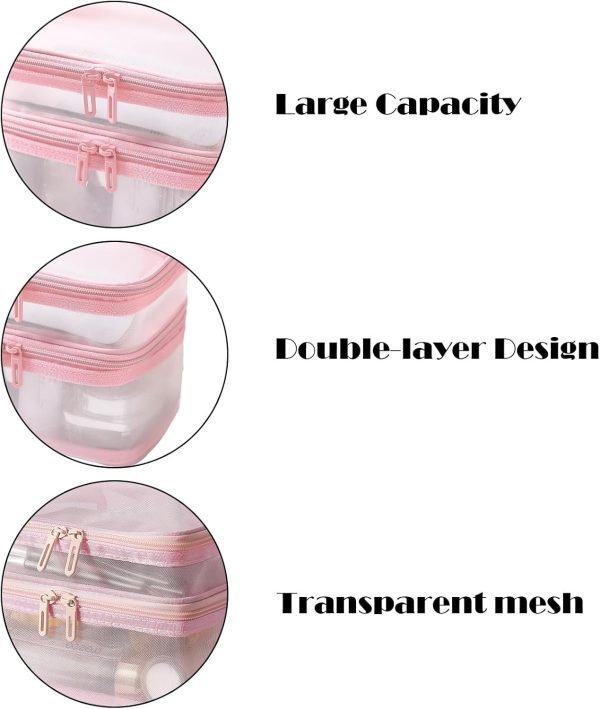 Double Layer Travel Makeup Bag Mesh Bag for Women,Travel Essentials Toiletry Bag Makeup Organizer Large Capacity Zipper Cosmetic Bag Vacation Essentials for Women-Pink