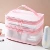 Double Layer Travel Makeup Bag Mesh Bag for Women,Travel Essentials Toiletry Bag Makeup Organizer Large Capacity Zipper Cosmetic Bag Vacation Essentials for Women-Pink