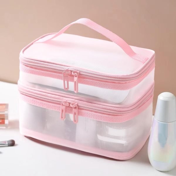 Double Layer Travel Makeup Bag Mesh Bag for Women,Travel Essentials Toiletry Bag Makeup Organizer Large Capacity Zipper Cosmetic Bag Vacation Essentials for Women-Pink