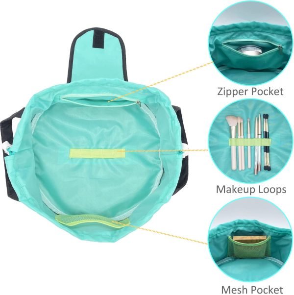 Large Barrel Drawstring Makeup Bag Travel Cosmetic Bag for Women - Portable Make Up Organizer Bag for Skin Care & Toiletries with Brush Holder & Pouch (Black)