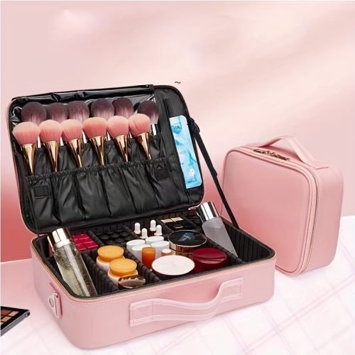 Large Capacity Multifunctional Makeup Bag with Elastic Brush Slots and Adjustable Dividers - Perfect Birthday Gift for Women