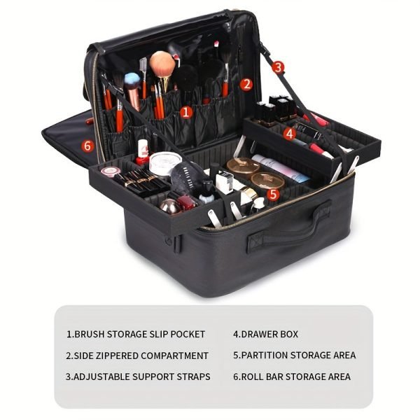 Nylon Professional Makeup Organizer Bag, Unisex-Adult Waterproof Cosmetic Case with Adjustable Dividers, Multi-Layer Storage for Beauty Tools and Accessories, Unscented