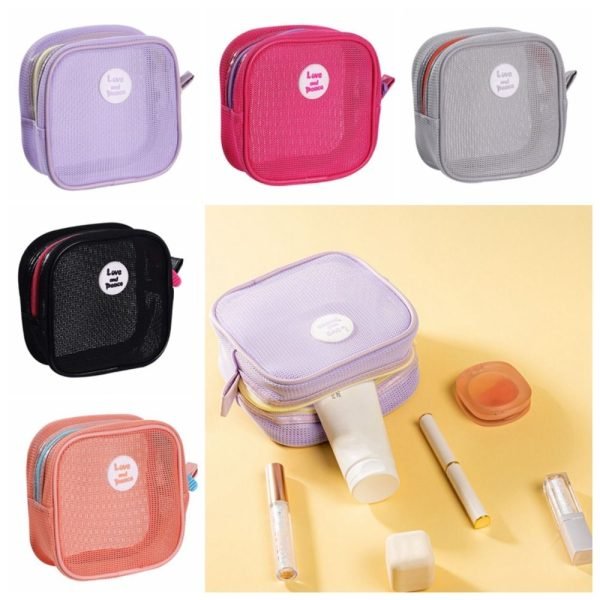 Square Mesh Makeup Bag Zipper Toiletry Bag Toiletry Storage Bag Coin Purse Organizer Case Transparent Cosmetic Bag Girls
