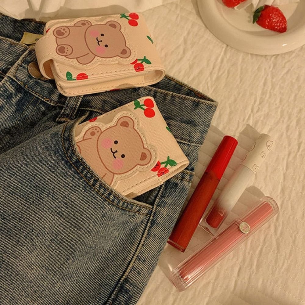 Travel Supplies Pu Leather Lipstick Bag Bear Print Mini Cosmetic Bag with Mirror Lipstick Storage Bag Girls - details 5