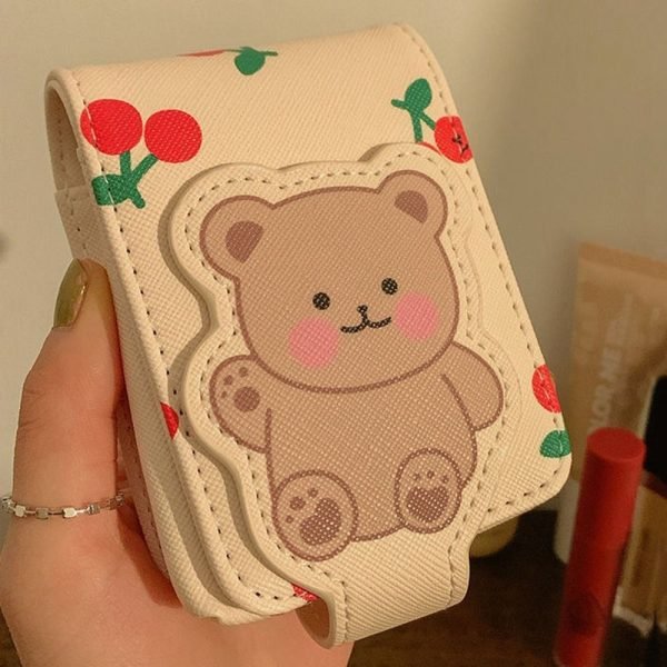 Travel Supplies Pu Leather Lipstick Bag Bear Print Mini Cosmetic Bag with Mirror Lipstick Storage Bag Girls