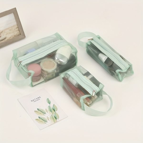 3pcs Multi Functional Portable Mesh Transparent Wash Bag Cosmetic Bag, Simple Storage Bag With Zipper Handle