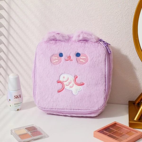 Winter Cartoon Plush Square Makeup Bag for Girls Large Capacity Portable Cosmetic Storage Rabbit Ear Wash Bag Pencil Case