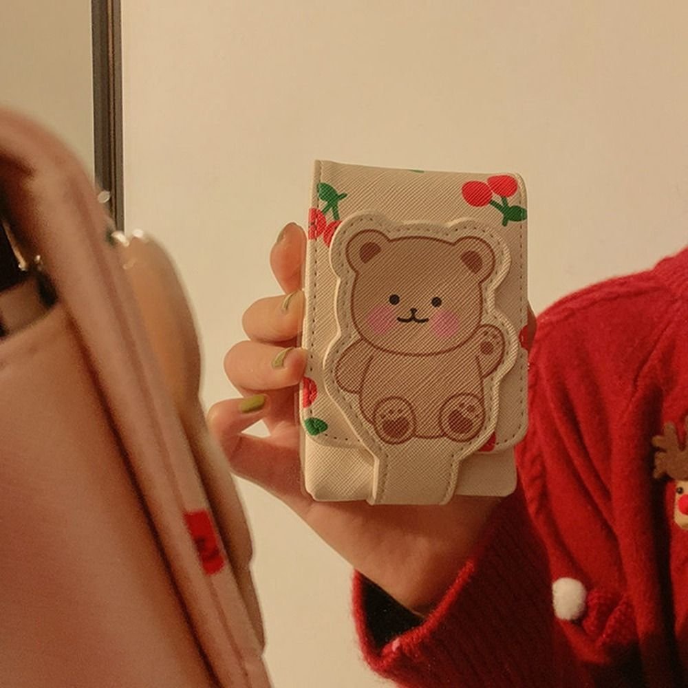 Travel Supplies Pu Leather Lipstick Bag Bear Print Mini Cosmetic Bag with Mirror Lipstick Storage Bag Girls - details 4