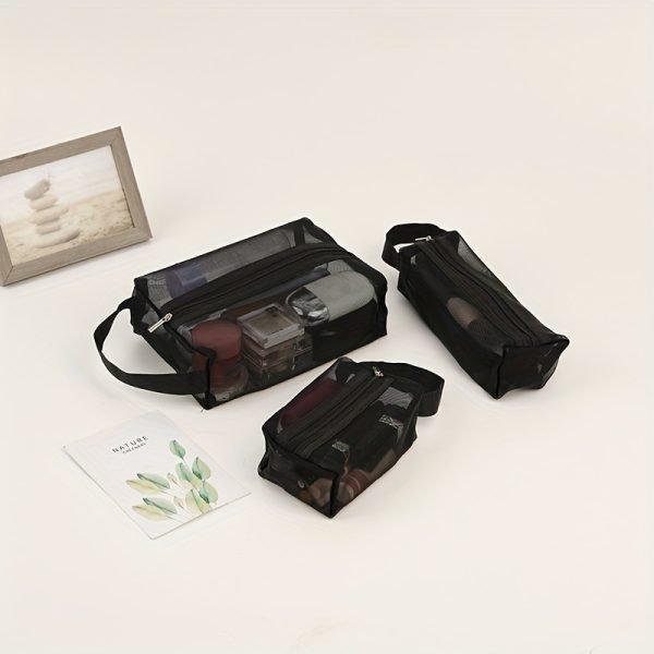 3pcs Multi Functional Portable Mesh Transparent Wash Bag Cosmetic Bag, Simple Storage Bag With Zipper Handle