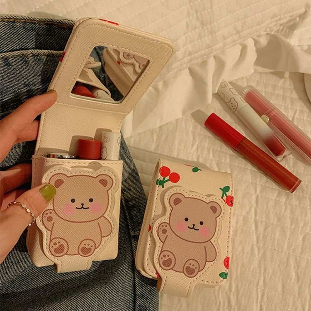 Travel Supplies Pu Leather Lipstick Bag Bear Print Mini Cosmetic Bag with Mirror Lipstick Storage Bag Girls - details 0