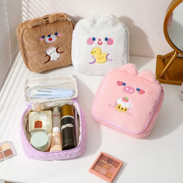Winter Cartoon Plush Square Makeup Bag for Girls Large Capacity Portable Cosmetic Storage Rabbit Ear Wash Bag Pencil Case