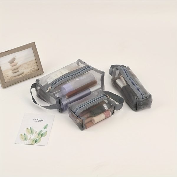 3pcs Multi Functional Portable Mesh Transparent Wash Bag Cosmetic Bag, Simple Storage Bag With Zipper Handle