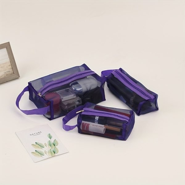 3pcs Multi Functional Portable Mesh Transparent Wash Bag Cosmetic Bag, Simple Storage Bag With Zipper Handle