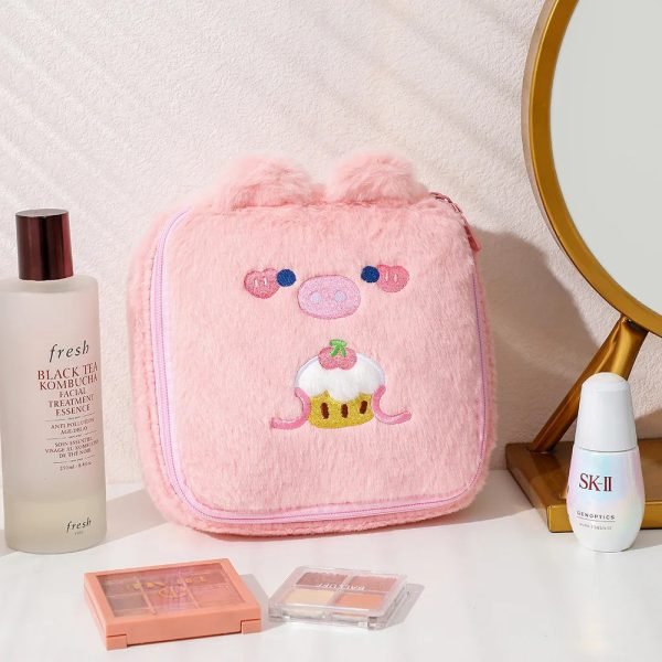 Winter Cartoon Plush Square Makeup Bag for Girls Large Capacity Portable Cosmetic Storage Rabbit Ear Wash Bag Pencil Case