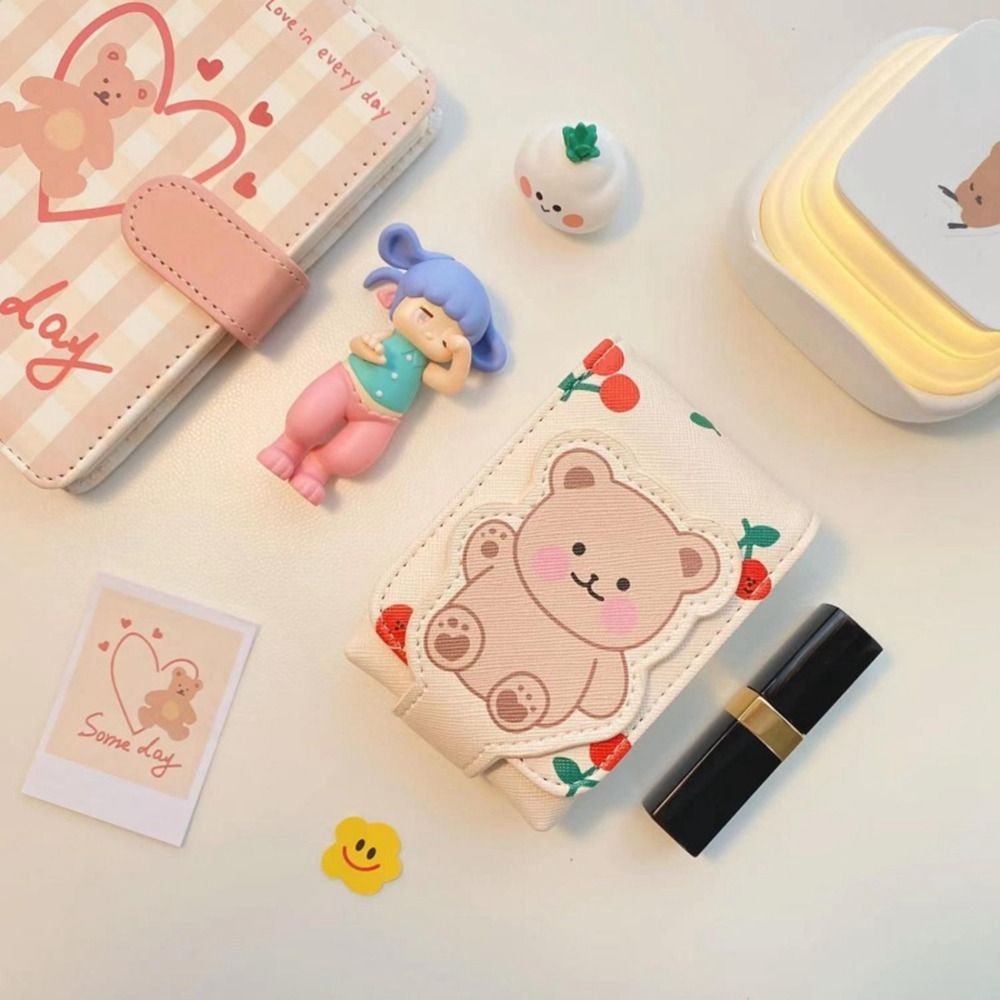 Travel Supplies Pu Leather Lipstick Bag Bear Print Mini Cosmetic Bag with Mirror Lipstick Storage Bag Girls - details 2