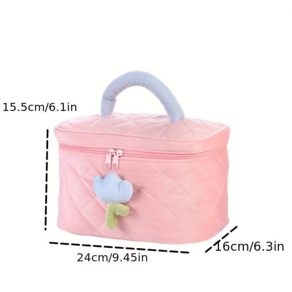 Plush Flower Decor Colorblock Makeup Bag, Quilted Zipper Cosmetic Handbag, Versatile Toiletry Wash Bag