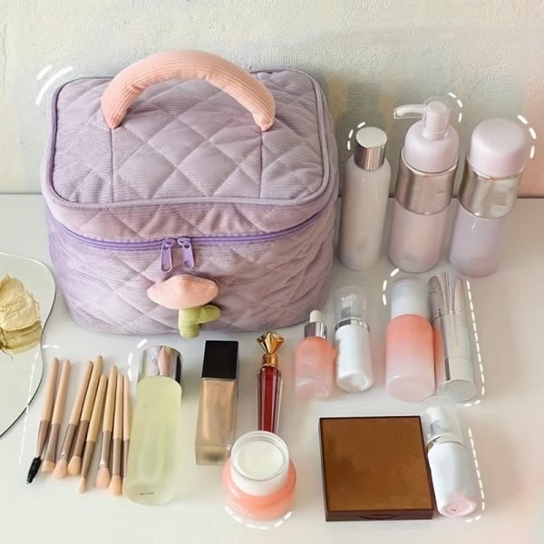 Plush Flower Decor Colorblock Makeup Bag, Quilted Zipper Cosmetic Handbag, Versatile Toiletry Wash Bag