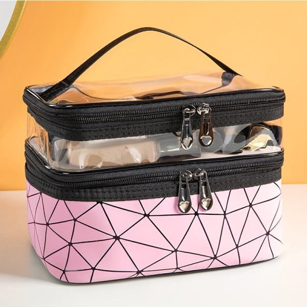 Double-Layer Grid Cosmetic Bag - Large Capacity, Portable Travel Organizer for Skincare and Toiletries