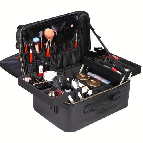 Nylon Professional Makeup Organizer Bag, Unisex-Adult Waterproof Cosmetic Case with Adjustable Dividers, Multi-Layer Storage for Beauty Tools and Accessories, Unscented