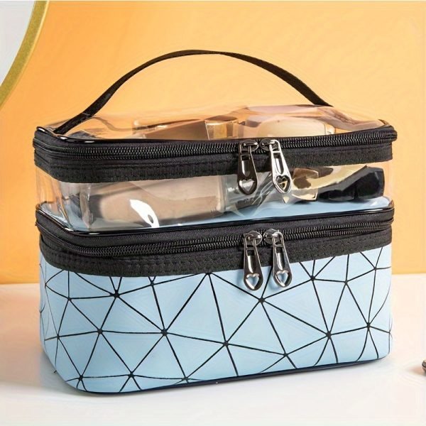 Double-Layer Grid Cosmetic Bag - Large Capacity, Portable Travel Organizer for Skincare and Toiletries