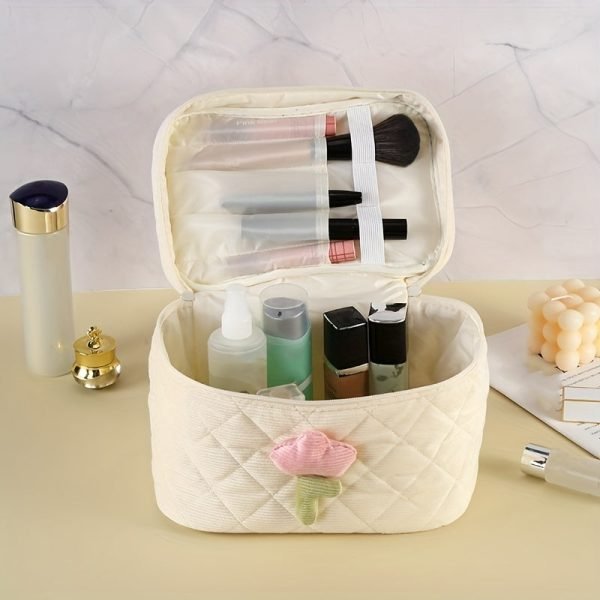 Plush Flower Decor Colorblock Makeup Bag, Quilted Zipper Cosmetic Handbag, Versatile Toiletry Wash Bag